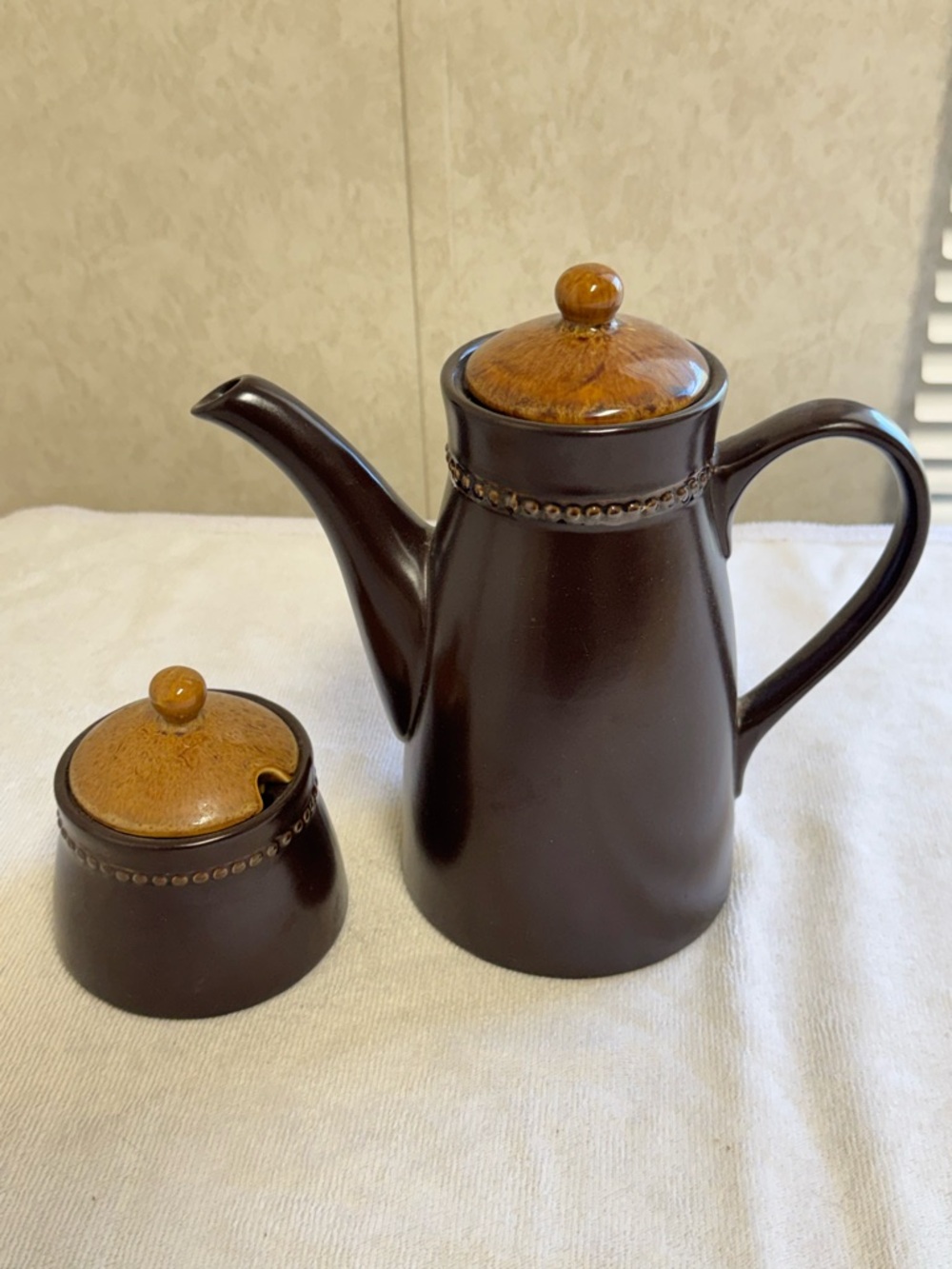 Pier 1 Two-Tone Brown Ceramic Coffee Pot & Sugar Bowl Set